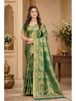 Fashion Petals - Green Satin Silk Woven Zari Saree with Unstitched Blouse