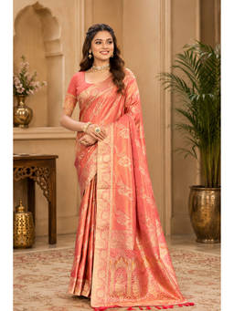 Fashion Petals - Peach Pink Satin Silk Woven Zari Saree with Unstitched Blouse