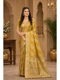 Fashion Petals - Mustard Satin Silk Woven Zari Saree with Unstitched Blouse
