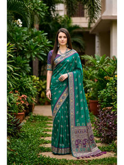 Fashion Petals - Green Satin Silk Woven Zari Saree with Unstitched Blouse