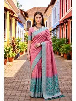 Fashion Petals - Pink Satin Silk Woven Zari Saree with Unstitched Blouse