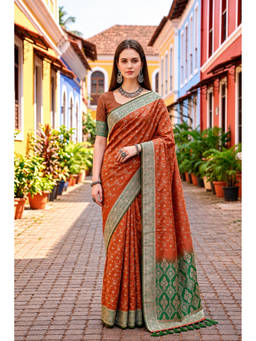 Fashion Petals - Rust Orange Satin Silk Woven Zari Saree with Unstitched Blouse