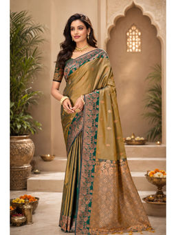 Sangam Prints - Olive Soft Silk Woven Zari Saree with Unstitched Blouse
