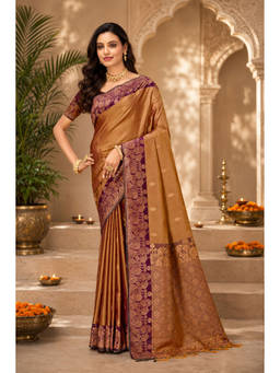 Sangam Prints - Bronze Soft Silk Woven Zari Saree with Unstitched Blouse