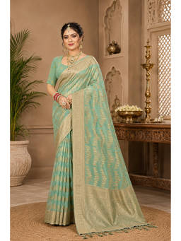 Sangam Prints - Aqua Cotton Silk Woven Zari Saree with Unstitched Blouse