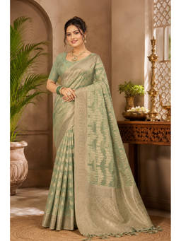 Sangam Prints - Green Cotton Silk Woven Zari Saree with Unstitched Blouse
