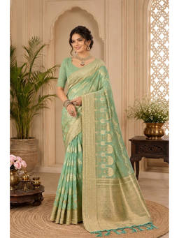 Sangam Prints - Aqua Cotton Silk Woven Zari Saree with Unstitched Blouse
