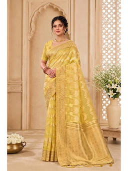 Sangam Prints - Yellow Cotton Silk Woven Zari Saree with Unstitched Blouse