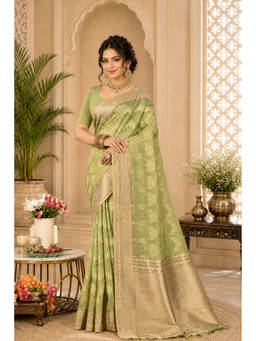 Sangam Prints - Green Cotton Silk Woven Zari Saree with Unstitched Blouse