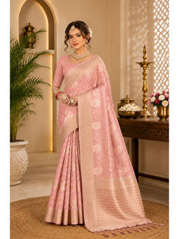 Sangam Prints - Pink Cotton Silk Woven Zari Saree with Unstitched Blouse