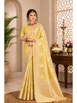 Sangam Prints - Yellow Cotton Silk Woven Zari Saree with Unstitched Blouse