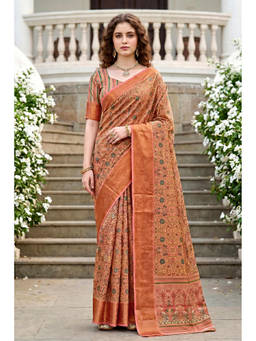 Sangam Prints - Peach Cotton Blend Woven Zari Saree with Unstitched Blouse