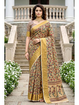 Sangam Prints - Beige Cotton Blend Woven Zari Saree with Unstitched Blouse