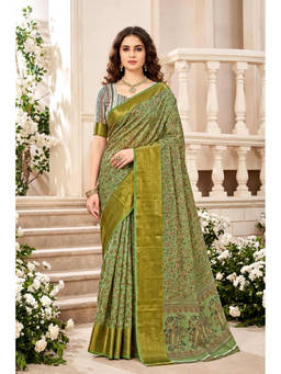 Sangam Prints - Green Cotton Blend Woven Zari Saree with Unstitched Blouse