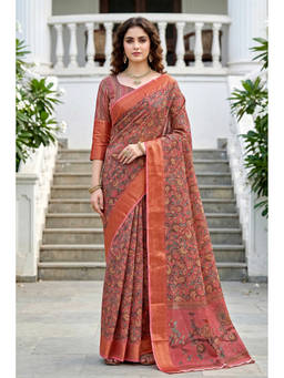 Sangam Prints - Pink Pink Cotton Blend Woven Zari Saree with Unstitched Blouse