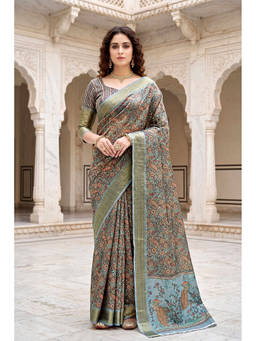 Sangam Prints - Blue Cotton Blend Woven Zari Saree with Unstitched Blouse