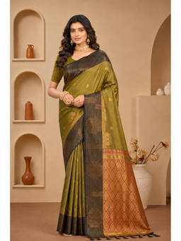 Sangam Prints - Green Soft Silk Woven Zari Saree with Unstitched Blouse