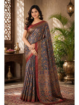 Sangam Prints - Navy Blue Pashmina Woven Zari Saree with Unstitched Blouse