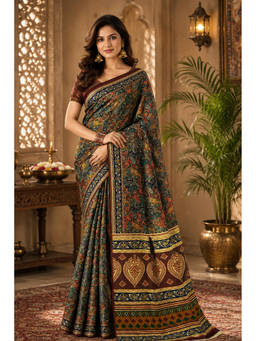 Sangam Prints - Green Pashmina Woven Zari Saree with Unstitched Blouse