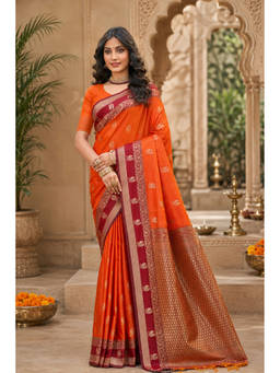 Sangam Prints - Orange Soft Silk Woven Zari Saree with Unstitched Blouse