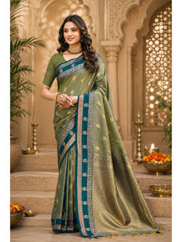 Sangam Prints - Green Soft Silk Woven Zari Saree with Unstitched Blouse