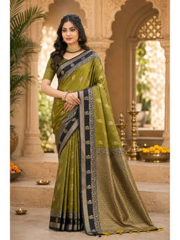 Sangam Prints - Green Soft Silk Woven Zari Saree with Unstitched Blouse