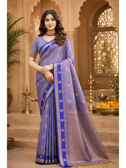 Sangam Prints - Blue Soft Silk Woven Zari Saree with Unstitched Blouse