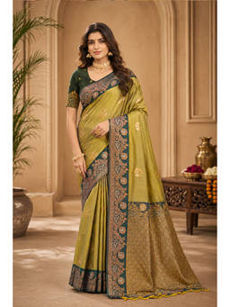 Sangam Prints - Olive Soft Silk Woven Zari Saree with Unstitched Blouse