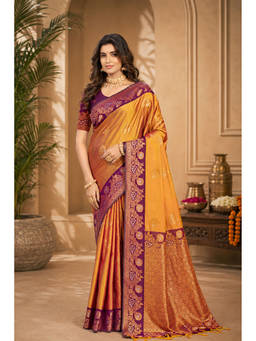 Sangam Prints - Mustard Gold Soft Silk Woven Zari Saree with Unstitched Blouse