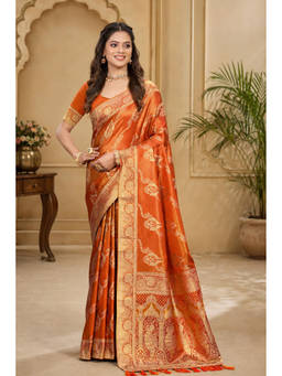 Sangam Prints - Rust Satin Silk Woven Zari Saree with Unstitched Blouse