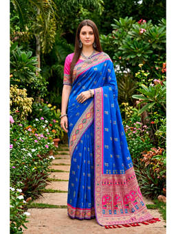 Sangam Prints - Blue Satin Silk Woven Zari Saree with Unstitched Blouse