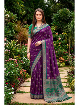 Sangam Prints - Purple Satin Silk Woven Zari Saree with Unstitched Blouse