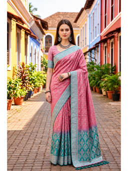 Sangam Prints - Pink Satin Silk Woven Zari Saree with Unstitched Blouse