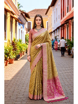 Sangam Prints - Olive Satin Silk Woven Zari Saree with Unstitched Blouse