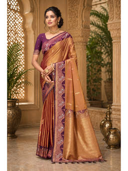 Sangam Prints - Bronze Soft Silk Woven Zari Saree with Unstitched Blouse