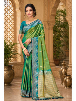 Sangam Prints - Green Soft Silk Woven Zari Saree with Unstitched Blouse