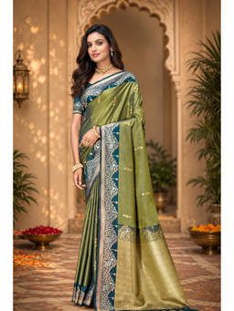 Sangam Prints - Green Soft Silk Woven Zari Saree with Unstitched Blouse