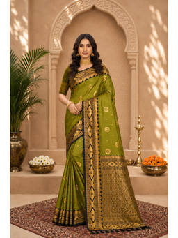 Sangam Prints - Green Soft Silk Woven Zari Saree with Unstitched Blouse