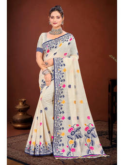 Sangam Prints - Cream Cotton Blend Woven Zari Saree with Unstitched Blouse