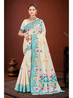 Sangam Prints - Beige Cotton Blend Woven Zari Saree with Unstitched Blouse