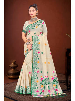 Sangam Prints - Beige Cotton Blend Woven Zari Saree with Unstitched Blouse