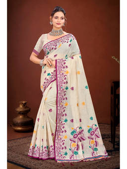 Sangam Prints - Purple Cotton Blend Woven Zari Saree with Unstitched Blouse