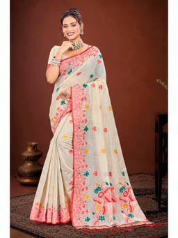 Sangam Prints - Red Cotton Blend Woven Zari Saree with Unstitched Blouse