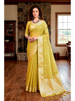 Sangam Prints - Yellow Cotton Blend Woven Zari Saree with Unstitched Blouse