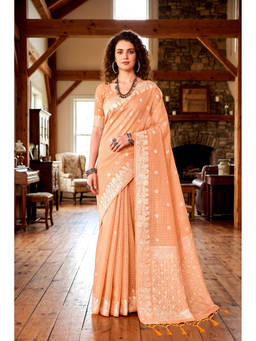 Sangam Prints - Peach Cotton Blend Woven Zari Saree with Unstitched Blouse