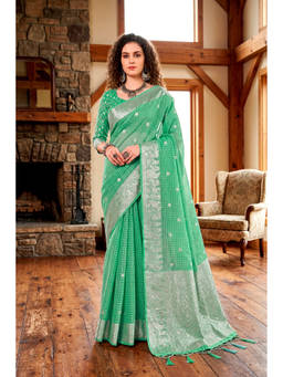 Sangam Prints - Teal Cotton Blend Woven Zari Saree with Unstitched Blouse