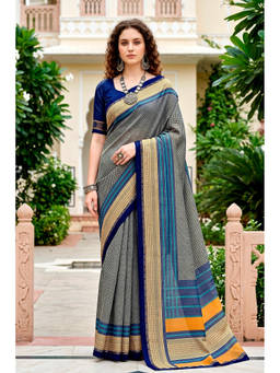 Sangam Prints - Grey Cotton Blend Woven Zari Saree with Unstitched Blouse