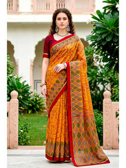 Sangam Prints - Mustard Cotton Blend Woven Zari Saree with Unstitched Blouse
