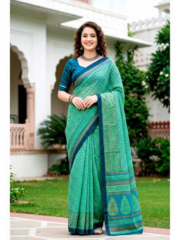 Sangam Prints - Aqua Cotton Blend Woven Zari Saree with Unstitched Blouse