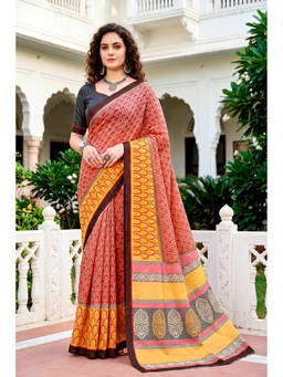 Sangam Prints - Red Cotton Blend Woven Zari Saree with Unstitched Blouse